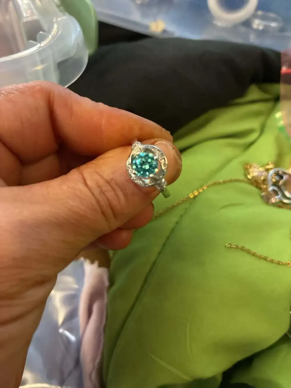 Blue-Green Round Cut Halo Statement Ring in Silver Tone